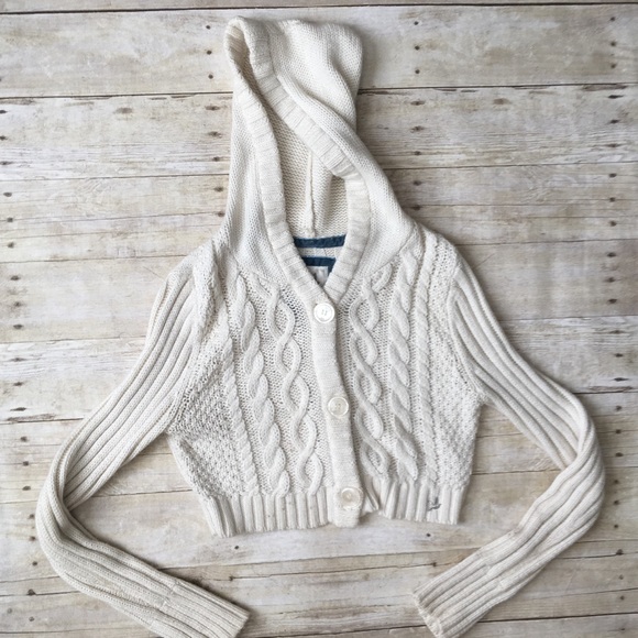 aerie Sweaters - AERIE Cream Hooded Cropped Cable Cardigan Sweater
